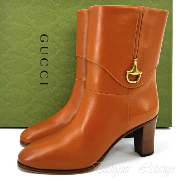 NEW GUCCI Elizabeth Half Horsebit Cognac Leather Mid-Calf Boots EU 39.5 / US 9.5 - Picture 1 of 11